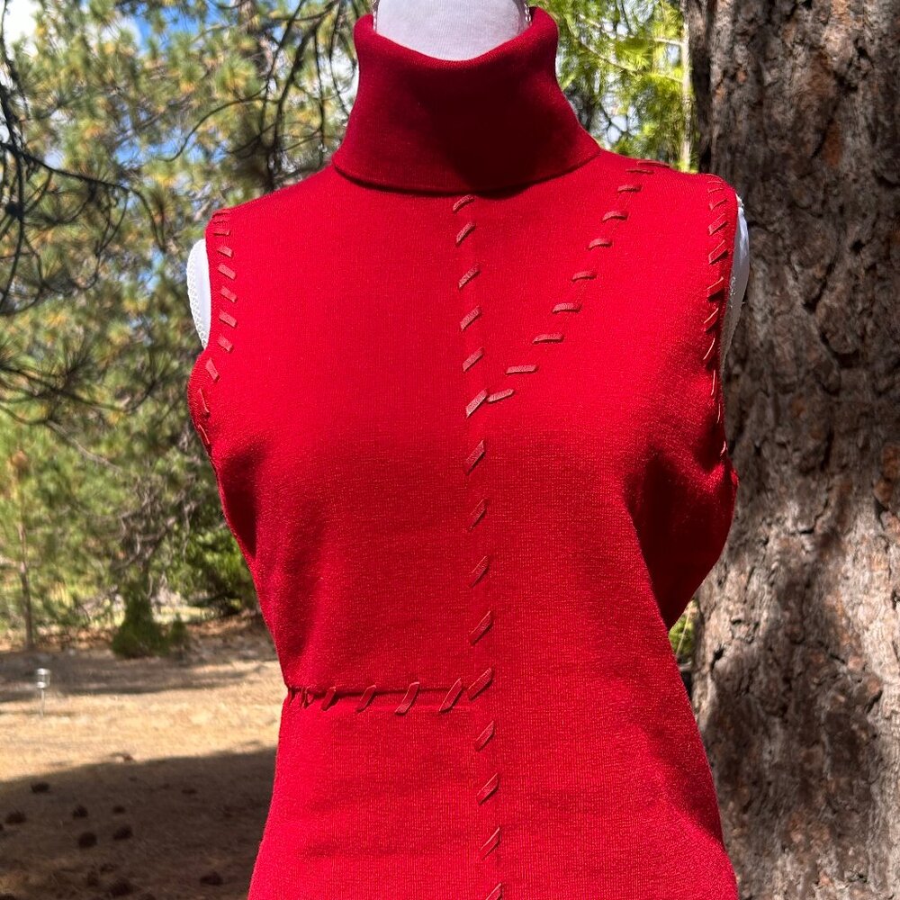 Essendi Size 3 Red Cashmere Women's Sleeveless Sweater with Leather Detail NWT